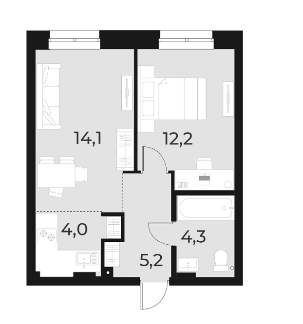 Планировка 2е-к.кв 39.80 м² в ЖК «Русское солнце»