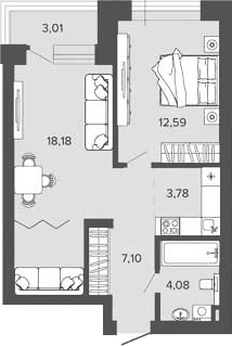 Планировка 1-к.кв 45.73 м² в ЖК «Прованс»