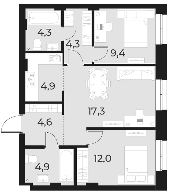 Планировка 3е-к.кв 61.70 м² в ЖК «Русское солнце»