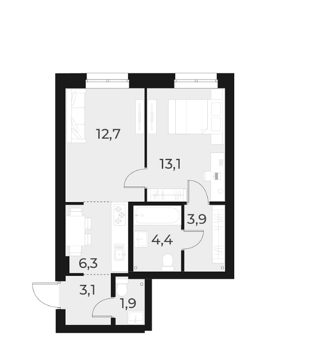 Планировка 2е-к.кв 45.40 м² в ЖК «Русское солнце»