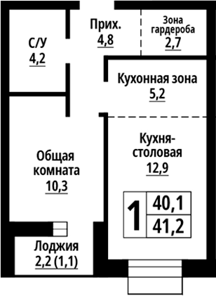 Планировка 2е-к. квартира 40.10 м² в ЖК «Родные берега. Барнаул»