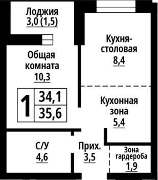 Планировка 2е-к.кв 34.10 м² в ЖК «Родные берега. Барнаул»
