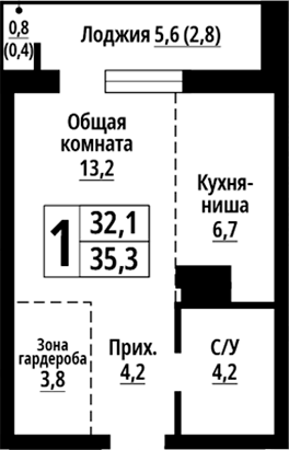 Планировка студии 32.10 м² в ЖК «Родные берега. Барнаул»