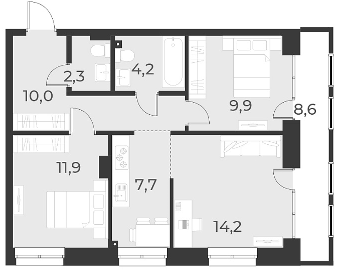 Планировка 3е-к.кв 60.20 м² в ЖК «Русское солнце»