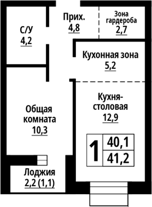 Планировка 2е-к.кв 40.10 м² в ЖК «Родные берега. Барнаул»