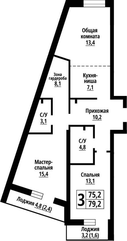 Планировка 3е-к. квартира 75.20 м² в ЖК «Родные берега. Барнаул»