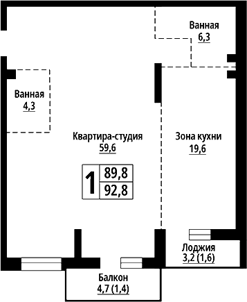 Планировка своб. план. 92.80 м² в ЖК «Родные берега. Барнаул»