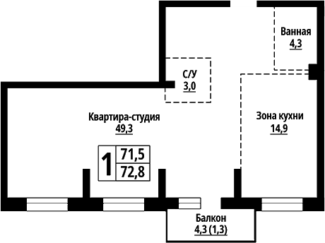 Планировка своб. план. 72.80 м² в ЖК «Родные берега. Барнаул»