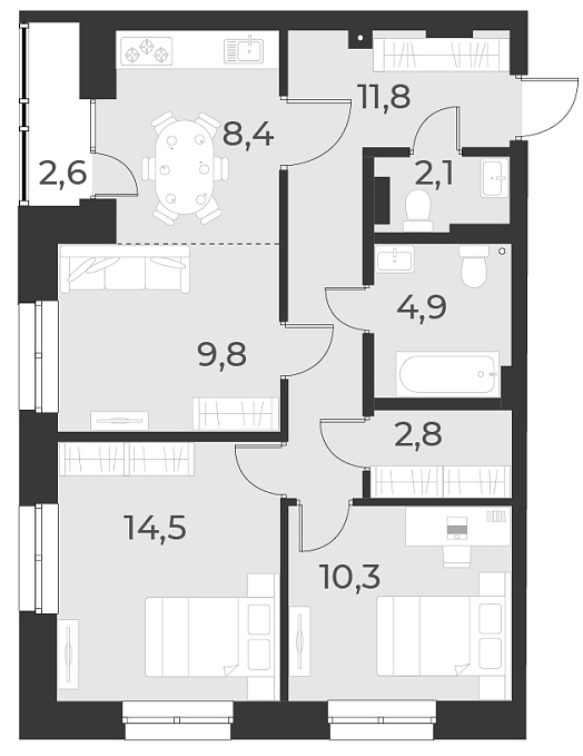 Планировка 3-к.кв 64.60 м² в ЖК «Русское солнце»