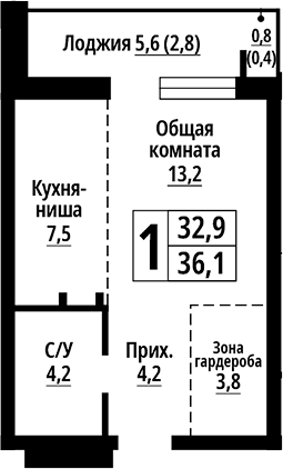 Планировка студии 32.90 м² в ЖК «Родные берега. Барнаул»
