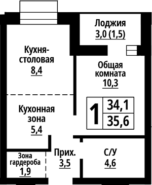 Планировка 1-к.кв 34.10 м² в ЖК «Родные берега. Барнаул»