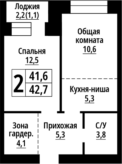 Планировка 2е-к.кв 41.60 м² в ЖК «Тургенев. Барнаул»