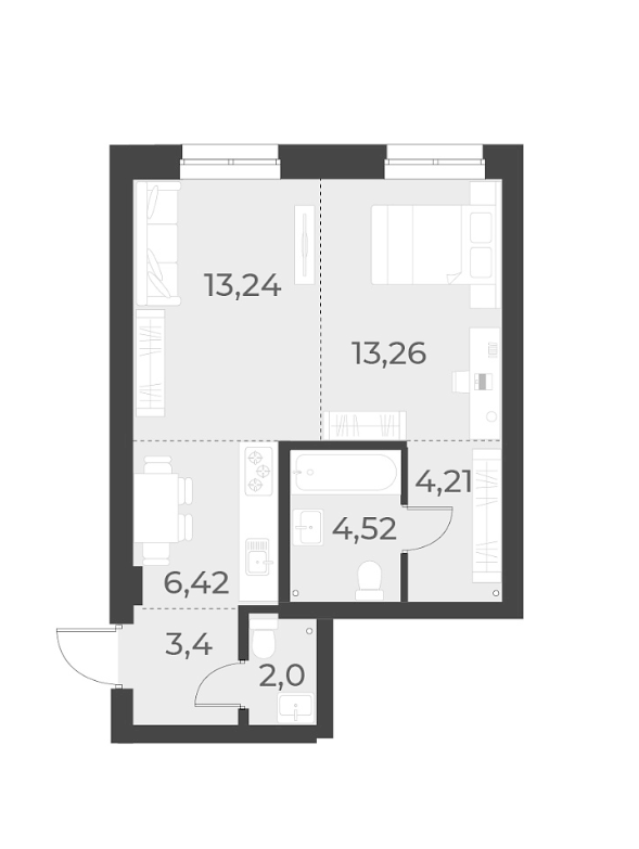 Планировка 2е-к.кв 47.05 м² в ЖК «Русское солнце»