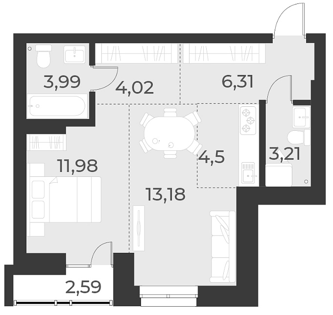 Планировка 2е-к.кв 47.20 м² в ЖК «Русское солнце»