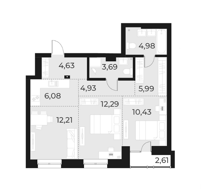 Планировка 3е-к.кв 65.20 м² в ЖК «Русское солнце»