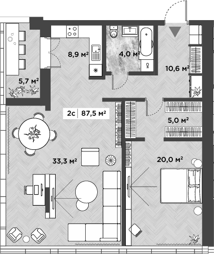 Планировка 2е-к.кв 88.80 м² в ЖК «Берлин»