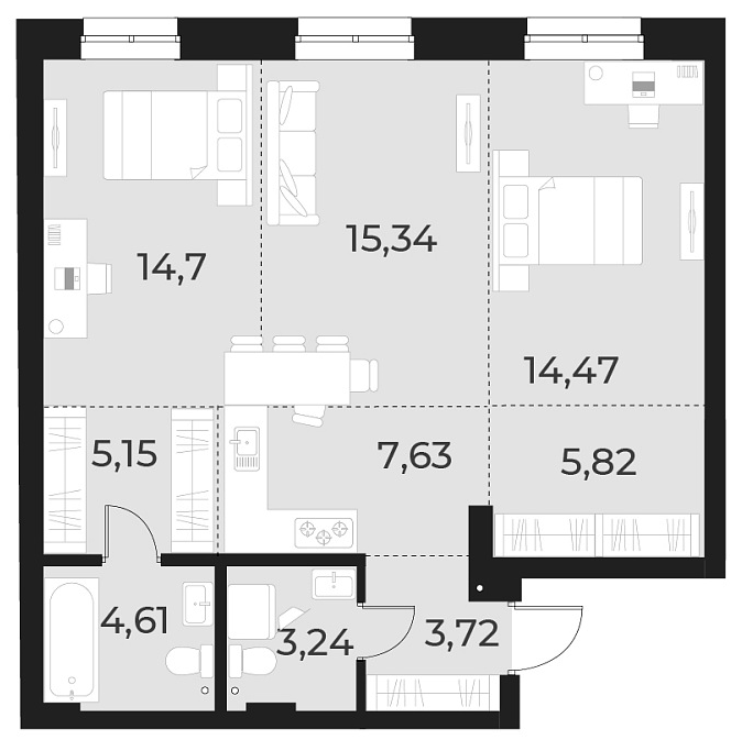Планировка 3е-к.кв 74.70 м² в ЖК «Русское солнце»