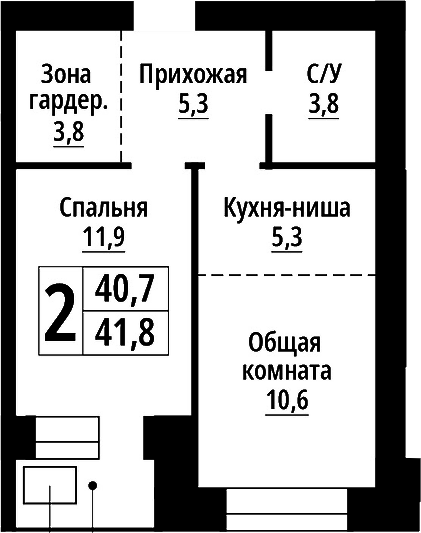 Планировка 2е-к.кв 40.70 м² в ЖК «Тургенев. Барнаул»
