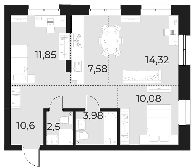 Планировка 3е-к.кв 60.90 м² в ЖК «Русское солнце»