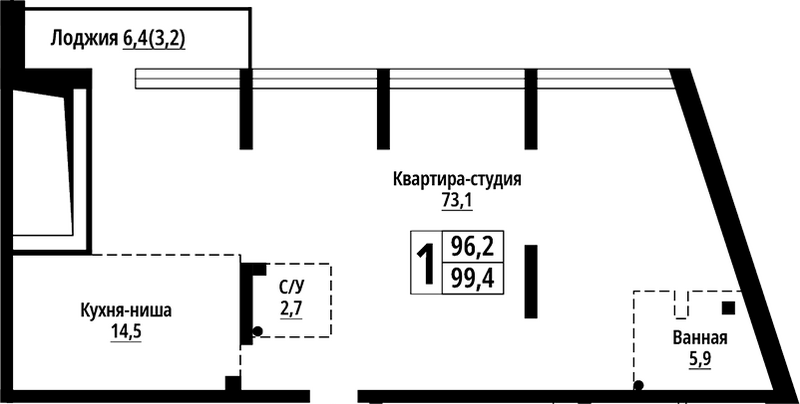 Планировка свободная планировка 99.40 м² в ЖК «Родные берега. Барнаул»