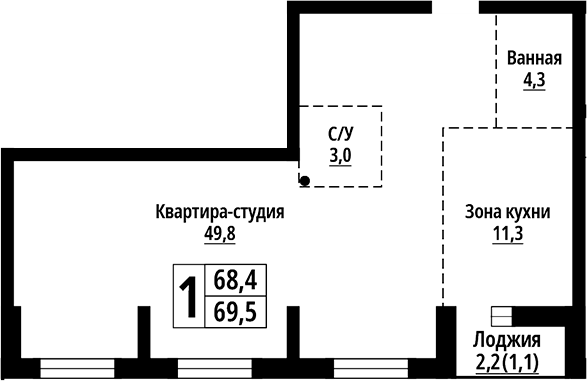 Планировка своб. план. 69.50 м² в ЖК «Родные берега. Барнаул»