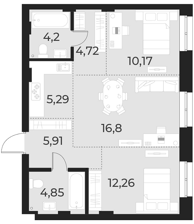 Планировка 3е-к.кв 64.20 м² в ЖК «Русское солнце»