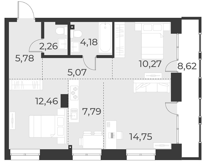 Планировка 3е-к.кв 62.60 м² в ЖК «Русское солнце»
