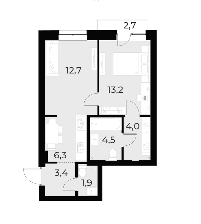 Планировка 2е-к. квартира 46.00 м² в ЖК «Русское солнце»