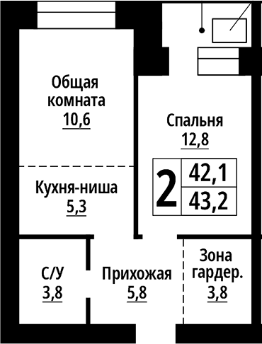 Планировка 2е-к. квартира 42.10 м² в ЖК «Тургенев. Барнаул»