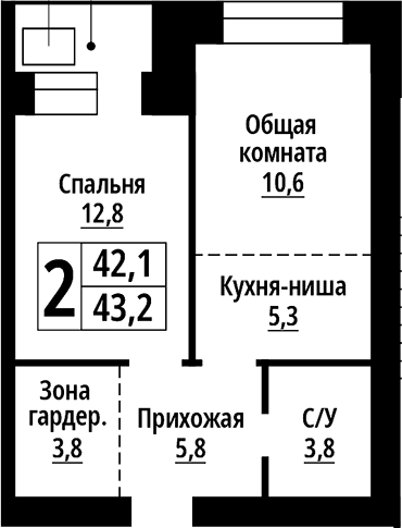 Планировка 2е-к.кв 42.10 м² в ЖК «Тургенев. Барнаул»