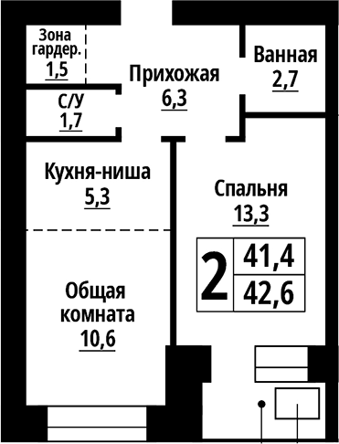 Планировка 2е-к.кв 41.40 м² в ЖК «Тургенев. Барнаул»