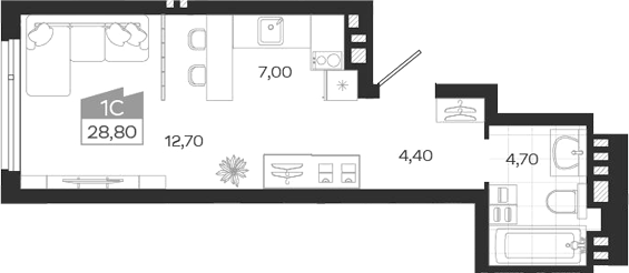 Планировка студии 28.80 м² в ЖК «Ясный Берег»