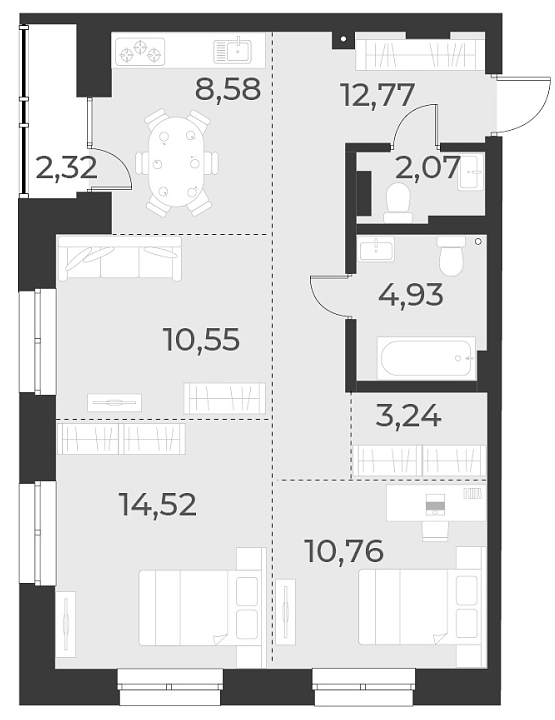 Планировка 3-к. квартира 67.40 м² в ЖК «Русское солнце»