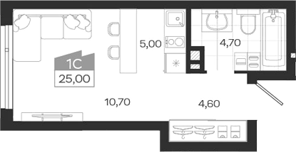 Планировка студии 25.00 м² в ЖК «Ясный Берег»