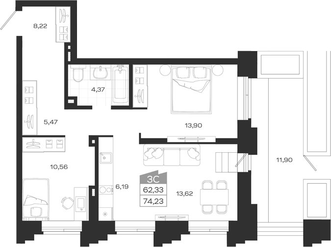 Планировка 3е-к.кв 62.33 м² в ЖК «Ясный Берег»