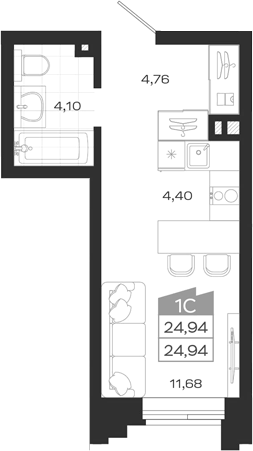Планировка студии 24.94 м² в ЖК «Ясный Берег»