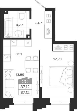 Планировка 2е-к.кв 37.12 м² в ЖК «Ясный Берег»