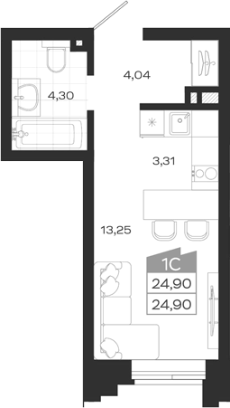 Планировка студии 24.90 м² в ЖК «Ясный Берег»