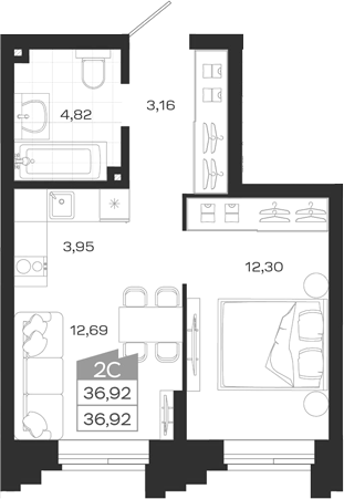 Планировка 2е-к.кв 36.92 м² в ЖК «Ясный Берег»