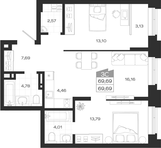 Планировка 3е-к.кв 69.69 м² в ЖК «Ясный Берег»