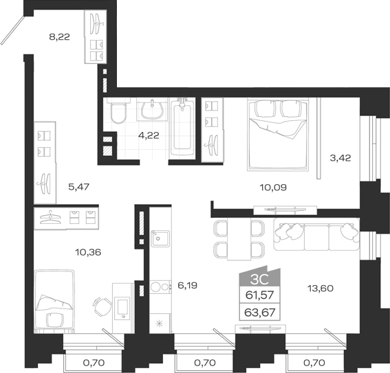 Планировка 3е-к.кв 61.57 м² в ЖК «Ясный Берег»