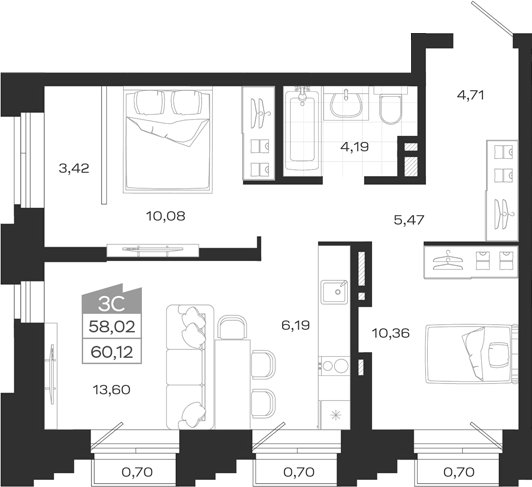 Планировка 3е-к.кв 58.02 м² в ЖК «Ясный Берег»