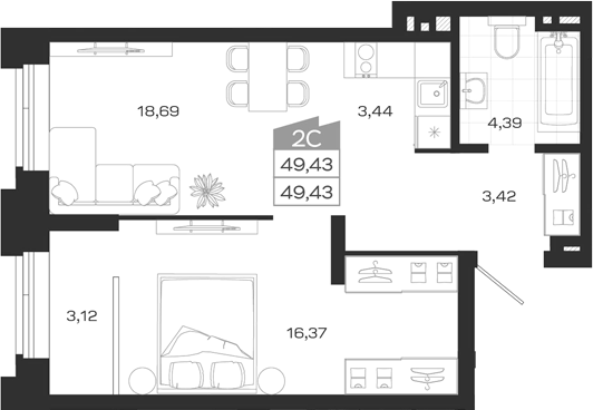 Планировка 2е-к. квартира 49.43 м² в ЖК «Ясный Берег»