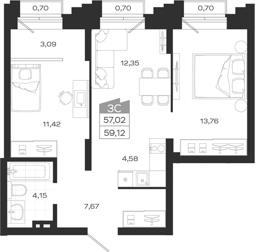Планировка 3е-к.кв 57.02 м² в ЖК «Ясный Берег»
