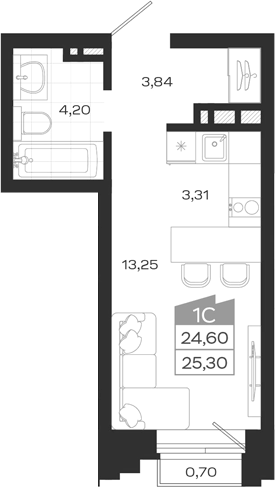 Планировка студии 24.60 м² в ЖК «Ясный Берег»
