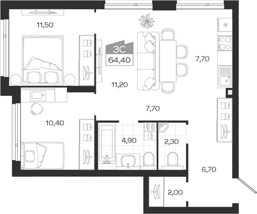 Планировка 3е-к.кв 64.40 м² в ЖК «Ясный Берег»