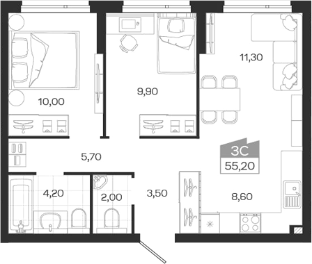 Планировка 3е-к.кв 55.20 м² в ЖК «Ясный Берег»