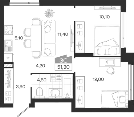 Планировка 3е-к.кв 51.30 м² в ЖК «Ясный Берег»