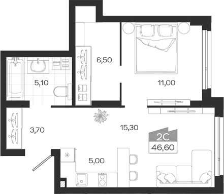 Планировка 2е-к.кв 46.60 м² в ЖК «Ясный Берег»
