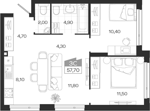 Планировка 3е-к.кв 57.70 м² в ЖК «Ясный Берег»